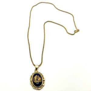 LIMOGES Porcelain Pendant Necklace in Gold Tone Setting